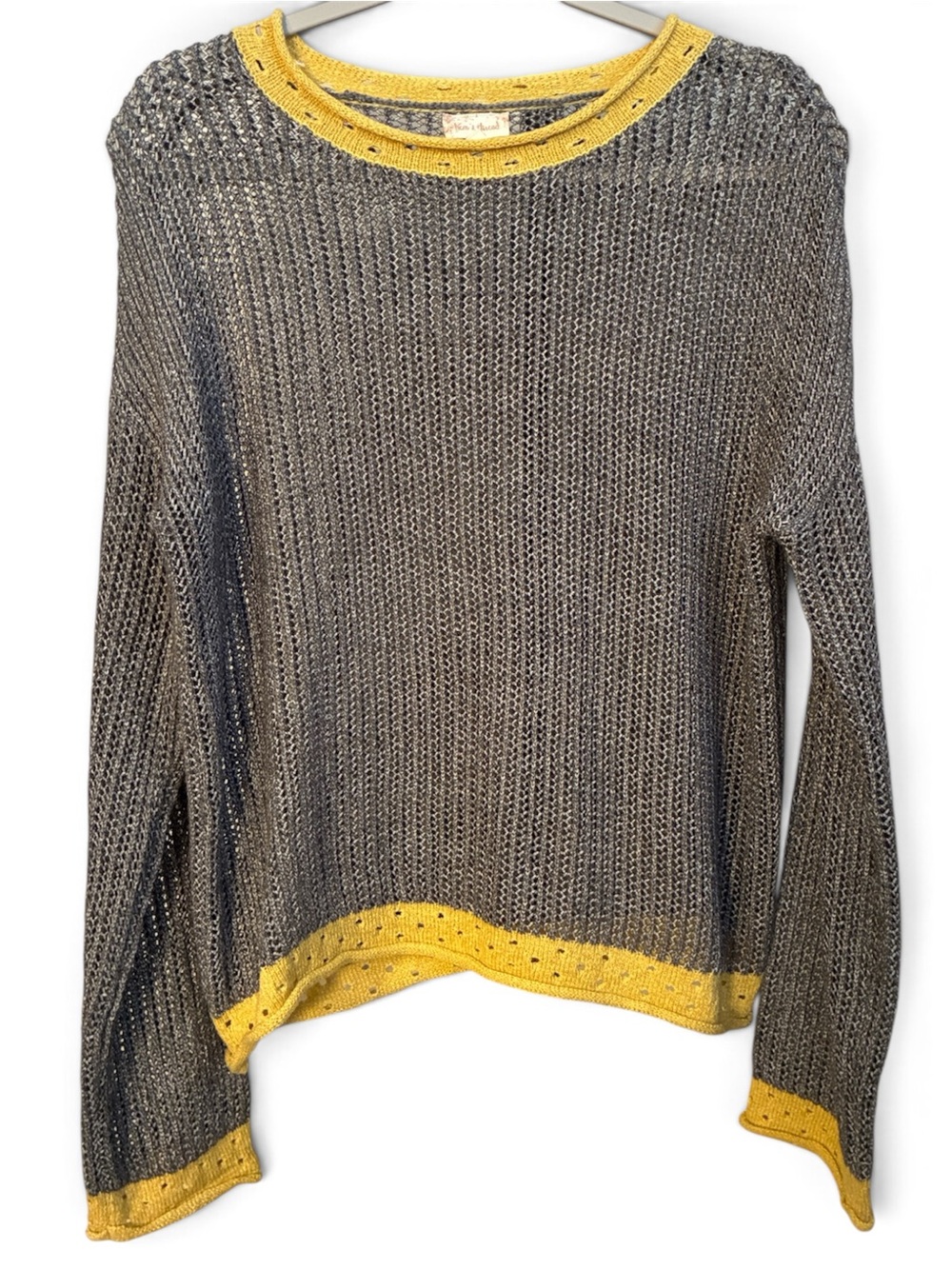 Hem & Thread Gray Open-Knit Crewneck Sweater with Yellow Trim - Women’s Medium